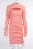 Light Orange Fashion Sexy Solid Hollowed Out Turtleneck Long Sleeve Dresses