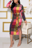 Colour Celebrities Plaid Print With Belt O Neck Pencil Skirt Dresses