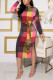 Colour Celebrities Plaid Print With Belt O Neck Pencil Skirt Dresses
