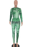 Green Sexy zipper letter Print Polyester Long Sleeve O Neck Jumpsuits