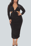 Black Sexy Solid Split Joint Backless V Neck Pencil Skirt Plus Size 