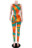 Orange Polyester Fashion adult Sexy contrast color Patchwork Tie Dye Print Gradient pencil Sleeveless