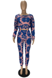 Blue Casual Print Patchwork O Neck Long Sleeve Two Pieces