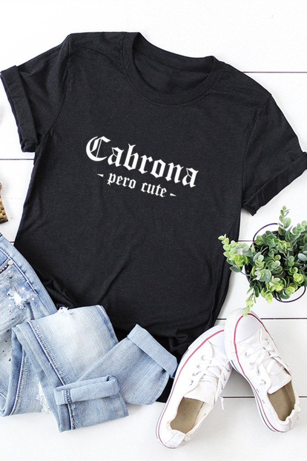 Black Fashion Casual Letter Print Basic O Neck Tops