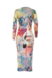 Orange Street Print Patchwork O Neck Pencil Skirt Dresses