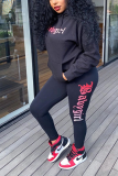 Black Casual Print Letter Hooded Collar Long Sleeve Two Pieces