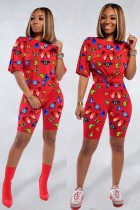 Red Polyester Fashion adult Sexy backless Print Two Piece Suits Patchwork Straight Short Sleeve Two-Pie