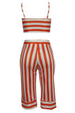 Orange Elastic Fly Mid Striped Loose Pants Two-piece suit