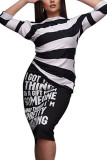 Black Cotton Fashion Casual adult Ma'am Striped Print Two Piece Suits Straight Half Sleeve Two Pieces