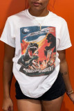 White Fashion Casual Print Basic O Neck T-Shirts