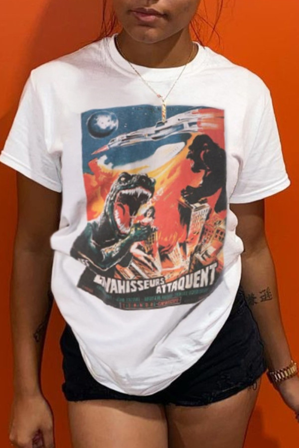 White Fashion Casual Print Basic O Neck T-Shirts