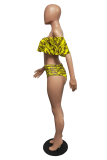 Yellow Sexy Print Split Joint Flounce Swimwears