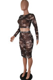 Camouflage Fashion Sexy Adult Gauze Camouflage Print O Neck Long Sleeve Regular Sleeve Short Two Pieces