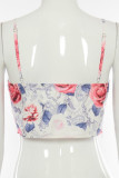 Rose Sexy Print Hollowed Out Frenulum Backless Spaghetti Strap Mid Waist Tops