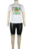 Black knit Fashion Sexy adult Ma'am Patchwork Print Character Bandage Two Piece Suits Straight Short Sleeve Two Pieces