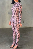 Pink Sexy Print Turtleneck Skinny Jumpsuits