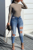 Blue Fashion Casual Solid Ripped High Waist Skinny Jeans