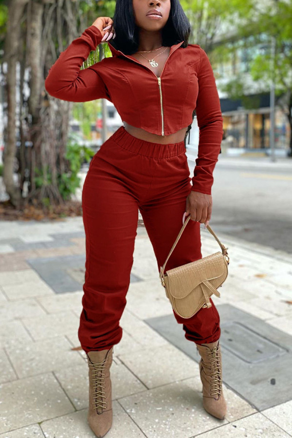 Red Fashion Casual Blends Patchwork Solid Patchwork Cardigan Pants Hooded Collar Long Sleeve Regular Sleeve Short Two Pieces