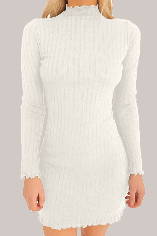 White Sexy Solid Patchwork Turtleneck Wrapped Skirt Dresses