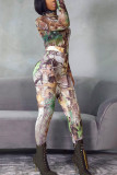 Grey Sexy Print Patchwork Turtleneck Long Sleeve Two Pieces