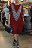 Wine Red Fashion Casual Street Half Sleeves Straight Mid-Calf Print diamonds Dresses