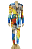 Multicolor Sexy Print Patchwork Zipper Collar Skinny Jumpsuits