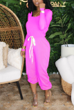 Tangerine Red Casual Solid Draw String O Neck Regular Jumpsuits