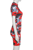 Red Sportswear Print Camouflage Print O Neck Regular Jumpsuits