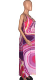 Pink Chemical fiber blend Fashion OL Pink Yellow Gold Spaghetti Strap Sleeveless Slip Swagger Floor-Length Print Dresses
