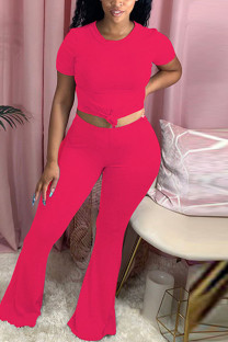 rose red Polyester Fashion Casual adult Ma'am Solid Two Piece Suits Loose Short Sleeve Two Pieces