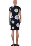 Blue Polyester Fashion Casual adult Ma'am Red Black Grey Blue Yellow Cap Sleeve Short Sleeves O neck Swagger Knee-Length Print Floral Dresses