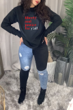 Black Street Print Patchwork O Neck Tops