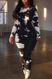 Black And White Casual Print Patchwork Tie-dye O Neck Regular Jumpsuits