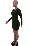 Army Green Polyester Fashion Sexy adult Ma'am Cap Sleeve Long Sleeves O neck Step Skirt skirt Solid Dresses