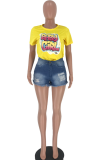 White O Neck Short Sleeve Print Patchwork 