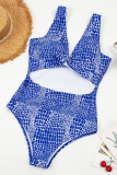Blue Sexy Animal Print Hollowed Out Patchwork Swimwears