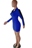 Blue Polyester Sexy Cap Sleeve Long Sleeves Hooded Step Skirt Knee-Length chain Patchwork Solid