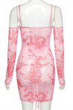 Pink Fashion Sexy Print See-through Backless Spaghetti Strap Long Sleeve Dresses