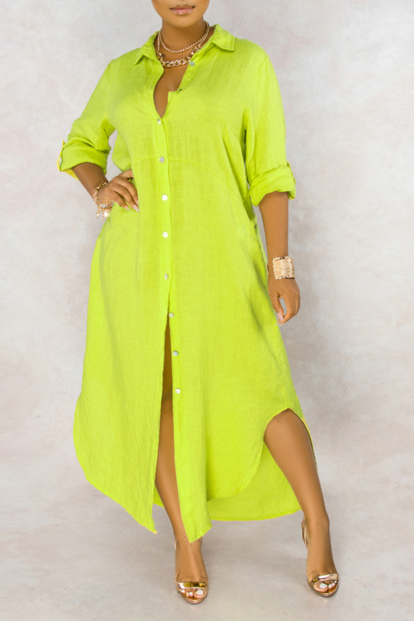 Fluorescent Green Casual Solid Patchwork Turndown Collar Dresses