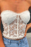White Sexy Solid Hollowed Out Mesh Contrast Off the Shoulder Tops
