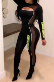 Black Casual Print Letter O Neck Skinny Jumpsuits