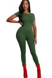 Army Green Fashion Sexy Solid Patchwork Polyester Short Sleeve O Neck Jumpsuits
