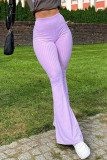Purple Casual Solid Boot Cut High Waist Trousers