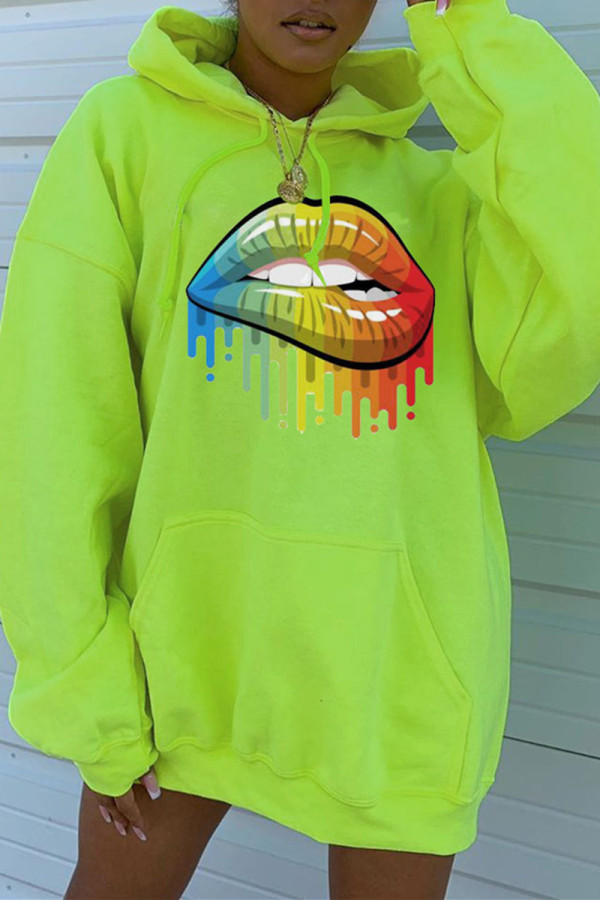 Green Fashion Casual Lips Printed Basic Hooded Collar Tops
