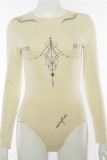 Apricot Casual Print Patchwork O Neck Regular Bodysuits