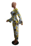 Yellow Sexy Print Without Belt V Neck Jumpsuits