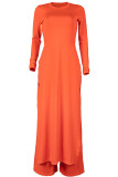 Orange Fashion British Style Adult Polyester Solid Slit O Neck Long Sleeve Regular Sleeve Long Two Pieces