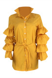 Yellow Fashion Casual Solid Patchwork Turndown Collar Shirt Dress