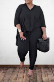 Black Polyester Sexy V Neck Solid Plus Size