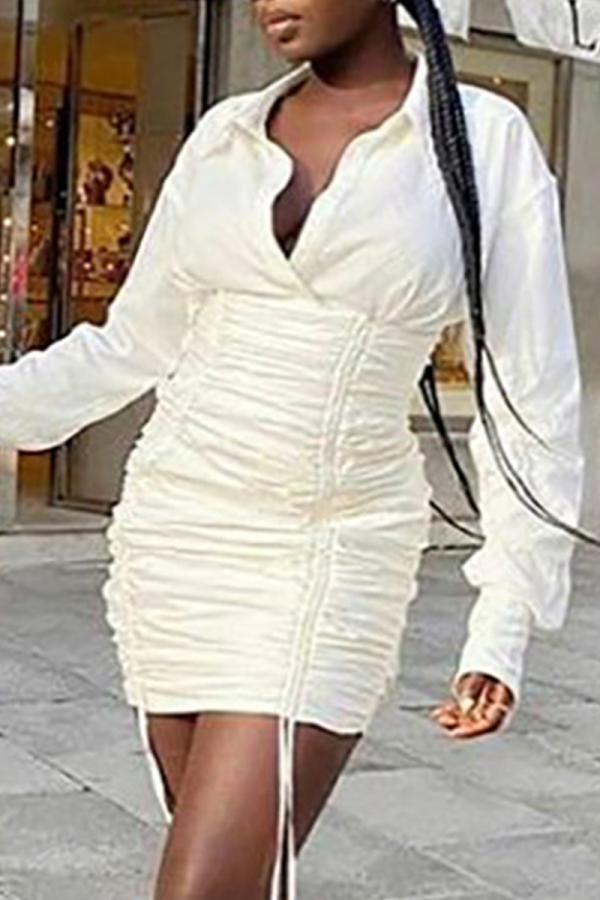 White Casual Solid Draw String V Neck Wrapped Skirt Dresses